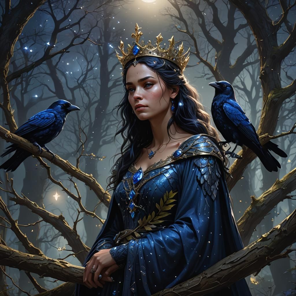 Raven Queen in Starry Forest: Dark Fantasy Art
