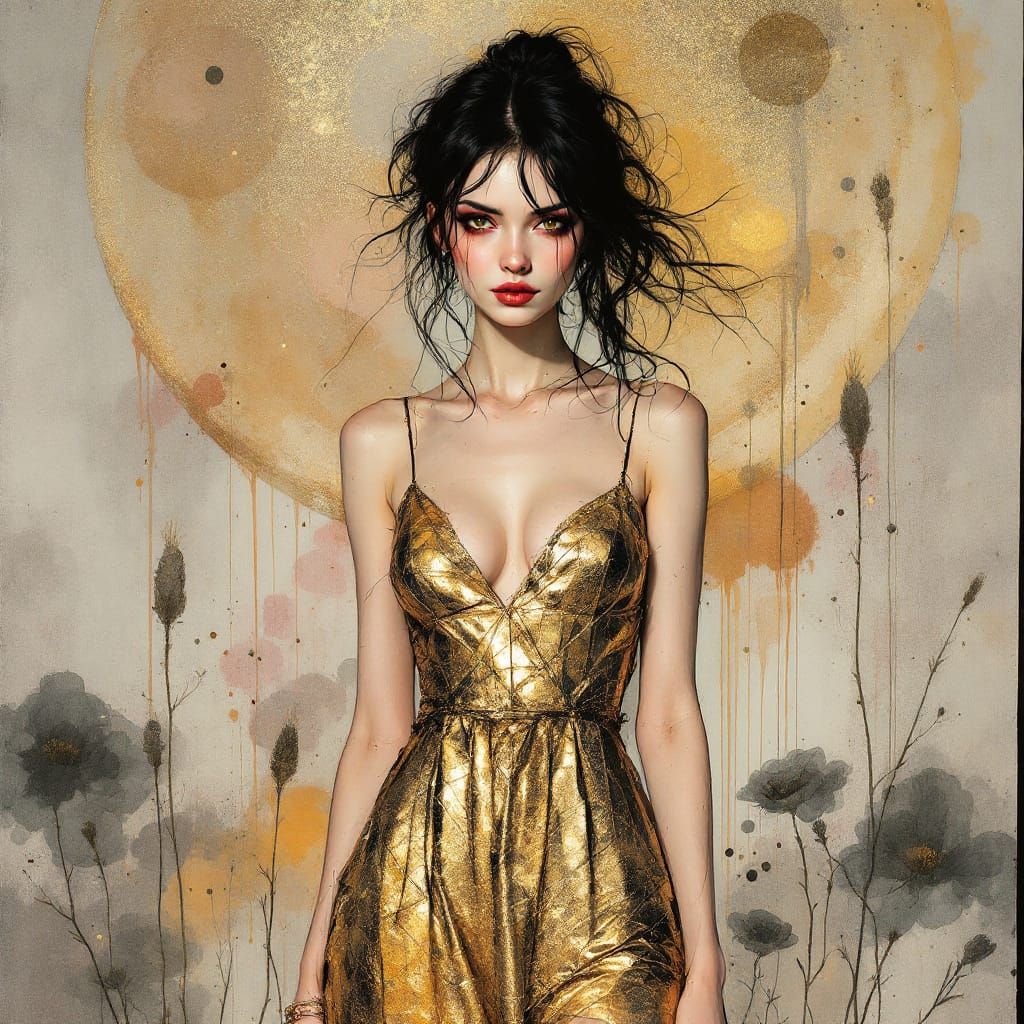 Ethereal Pin-Up Woman in Gold Sundress