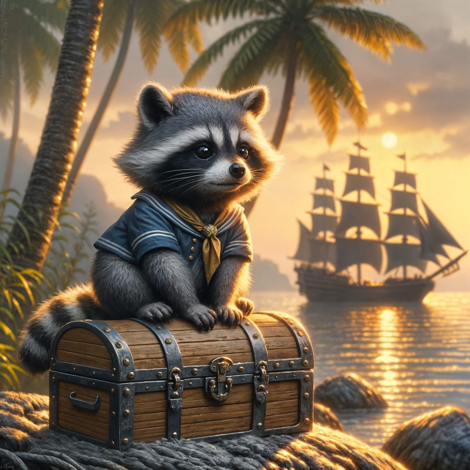 Dapper Raccoon Sailor on Treasure Chest at Sunset