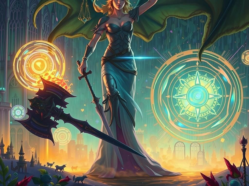 Lady Justice in a Dreamlike Fantasy Cityscape