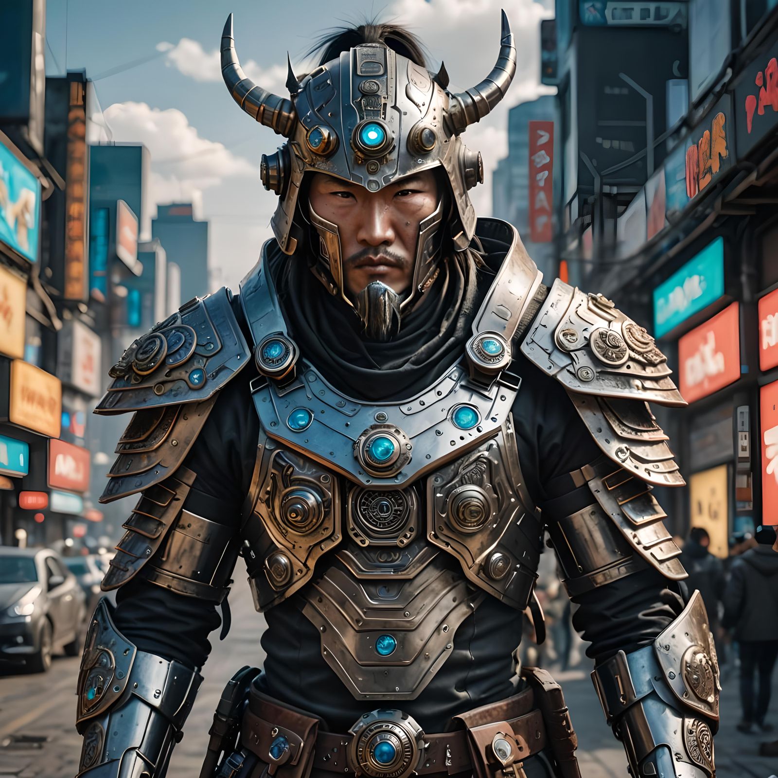 Cyberpunk Mongolian Warrior in Hyperreal Detail