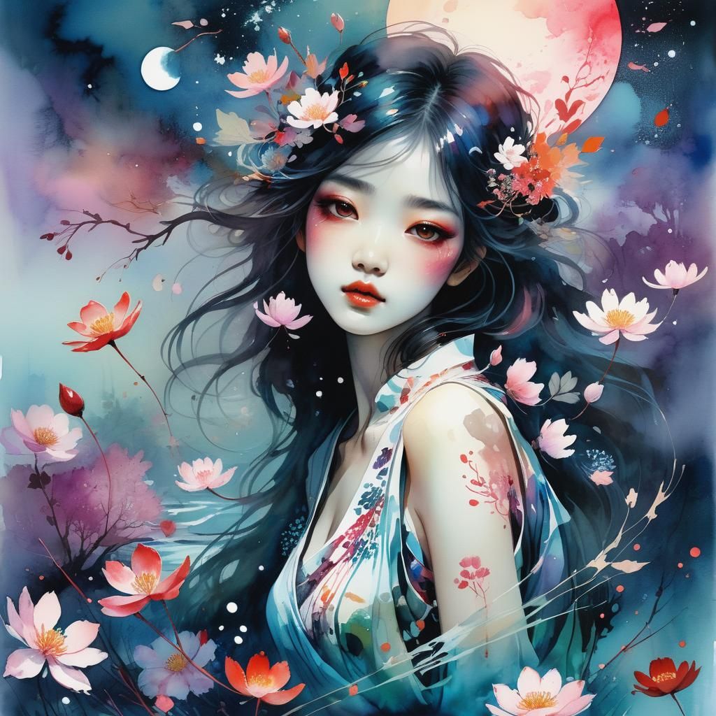 Nighttime Lake Glade in Watercolor Art Style