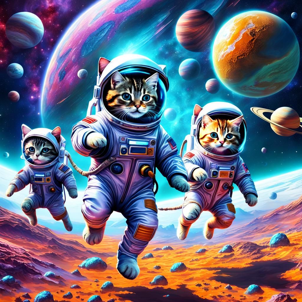 Astral Kittens in Space Suits Near Alien Planet