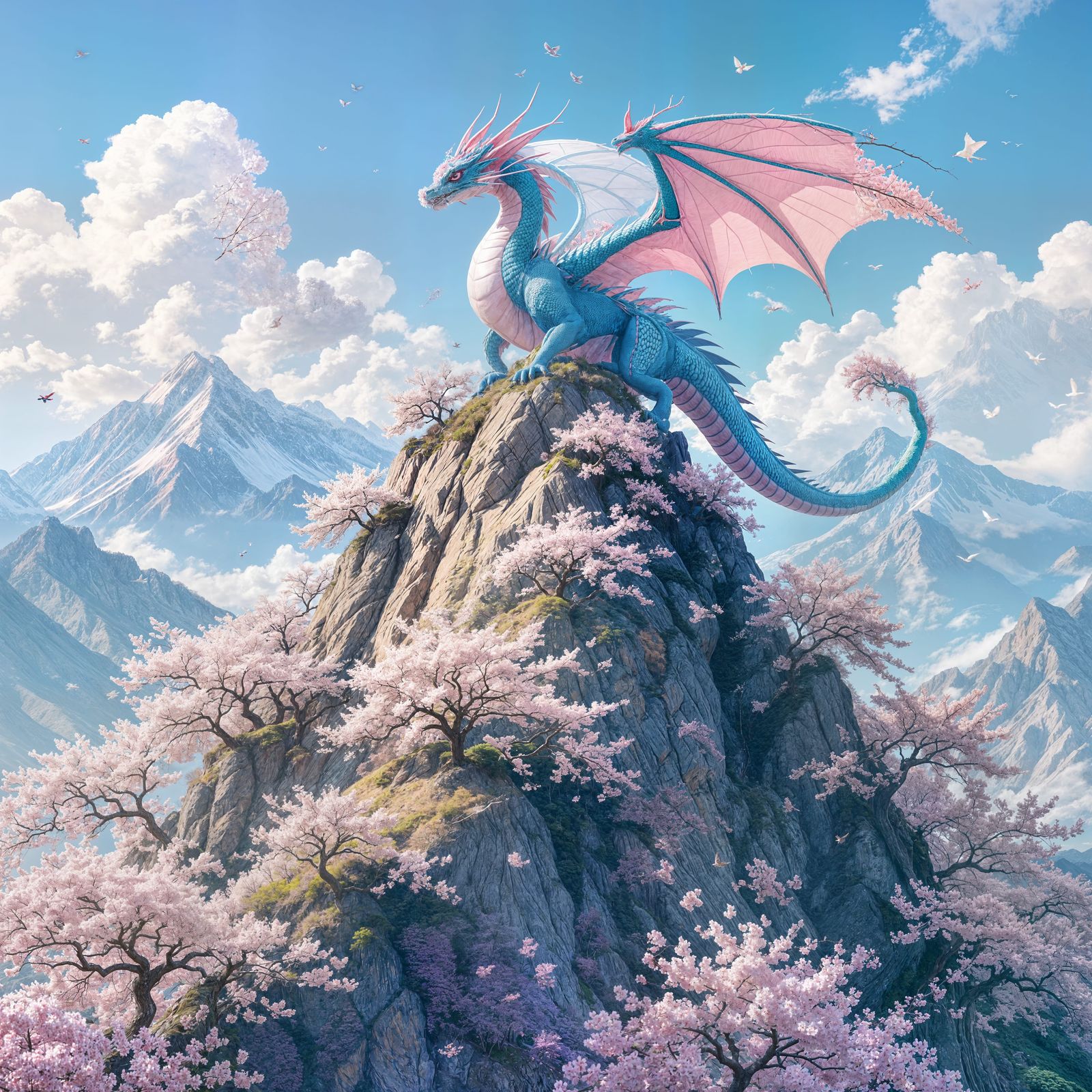 Dragon Soaring Above Cherry Blossom Forest