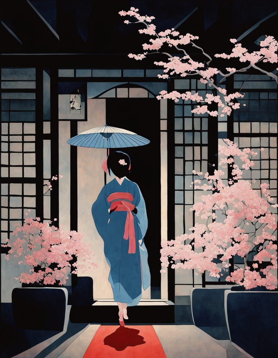 Kimono Woman in Cherry Garden, Hiroshi Nagai Style