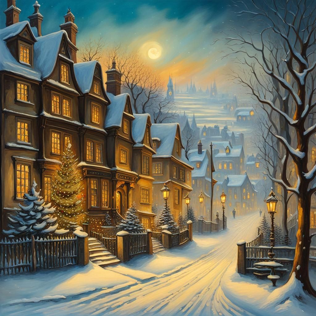 Charles Dickens books in the style of a winter landscape with buildings /2