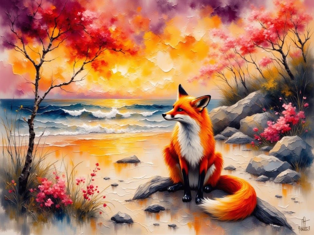 Red Fox at Sunrise: Japanese Woodblock Print Style