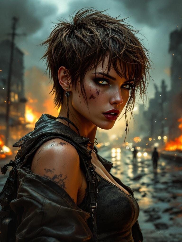 Post-Apocalyptic Mercenary Woman in Burning City