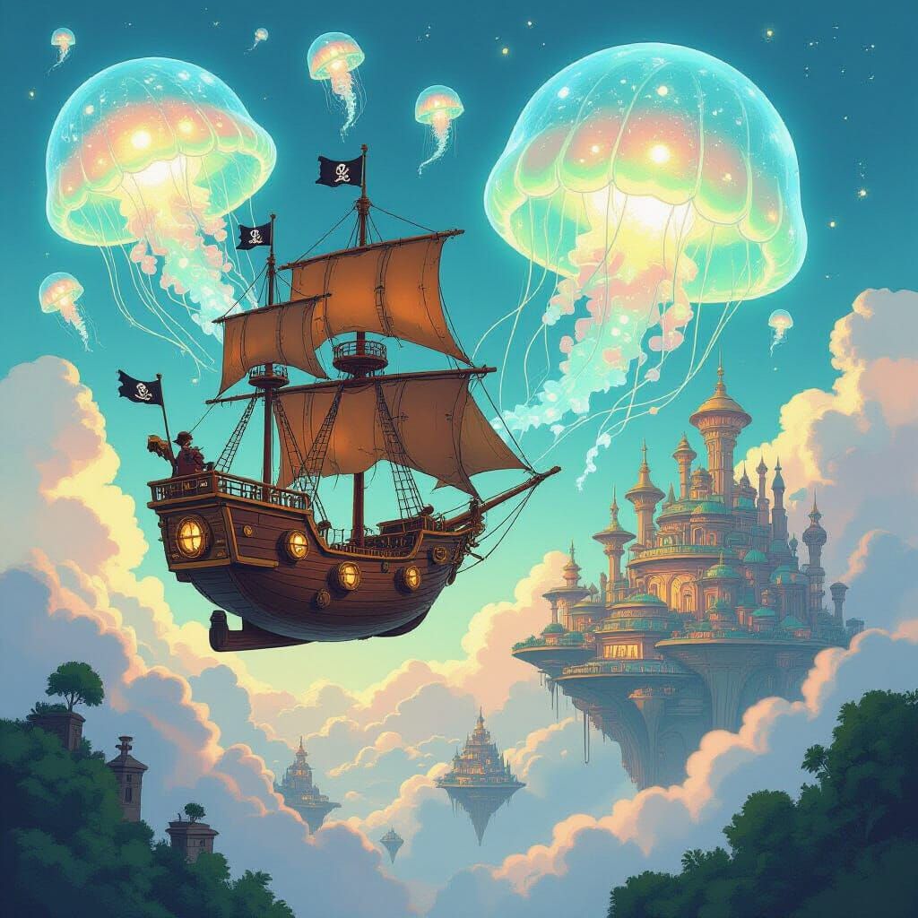 Steampunk Airship Amidst Bioluminescent Jellyfish Sky