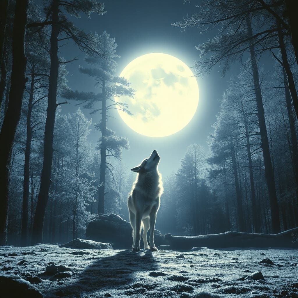 Moonlit Wolf Howling in Ethereal Forest Glade