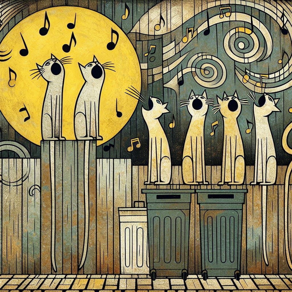Cats Howling at Moon in Folk Art Style