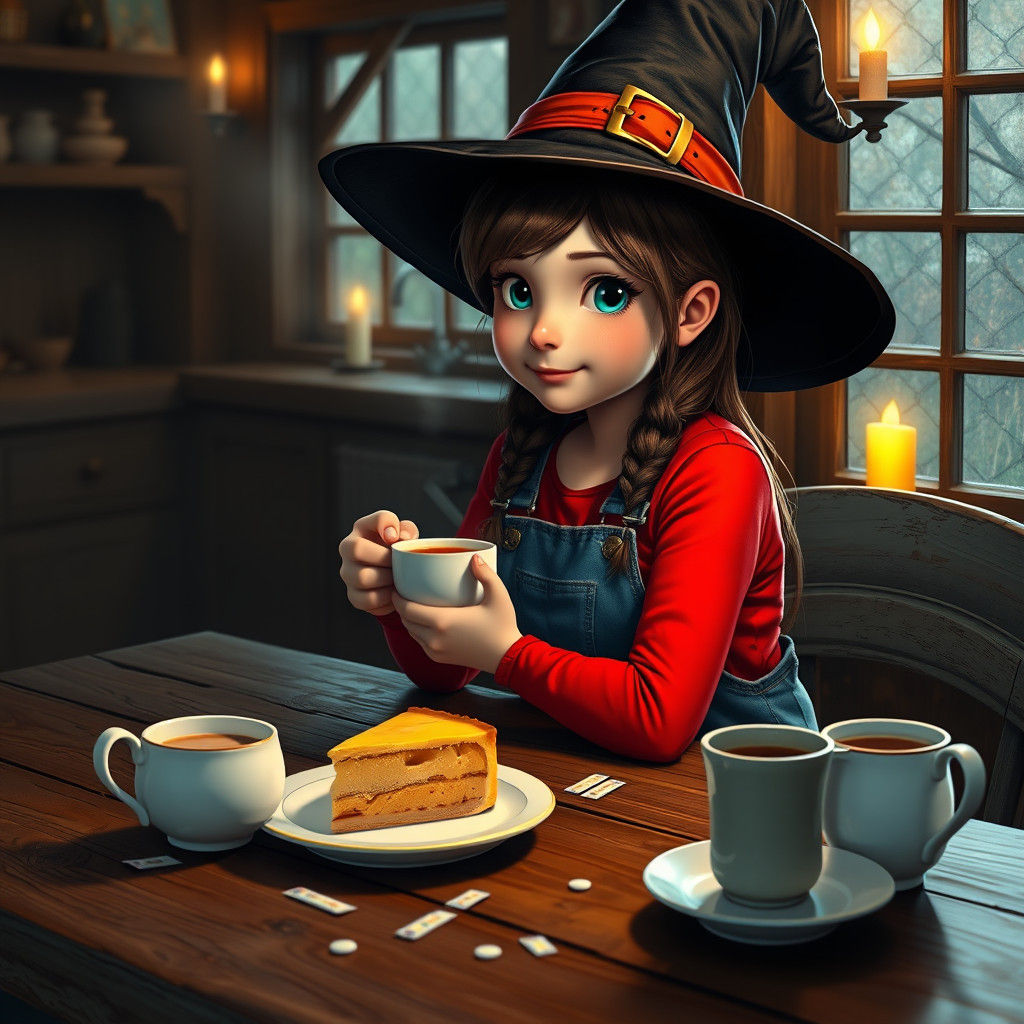 Whimsical Witch Girl Enjoys Tea in Cozy Kitchen