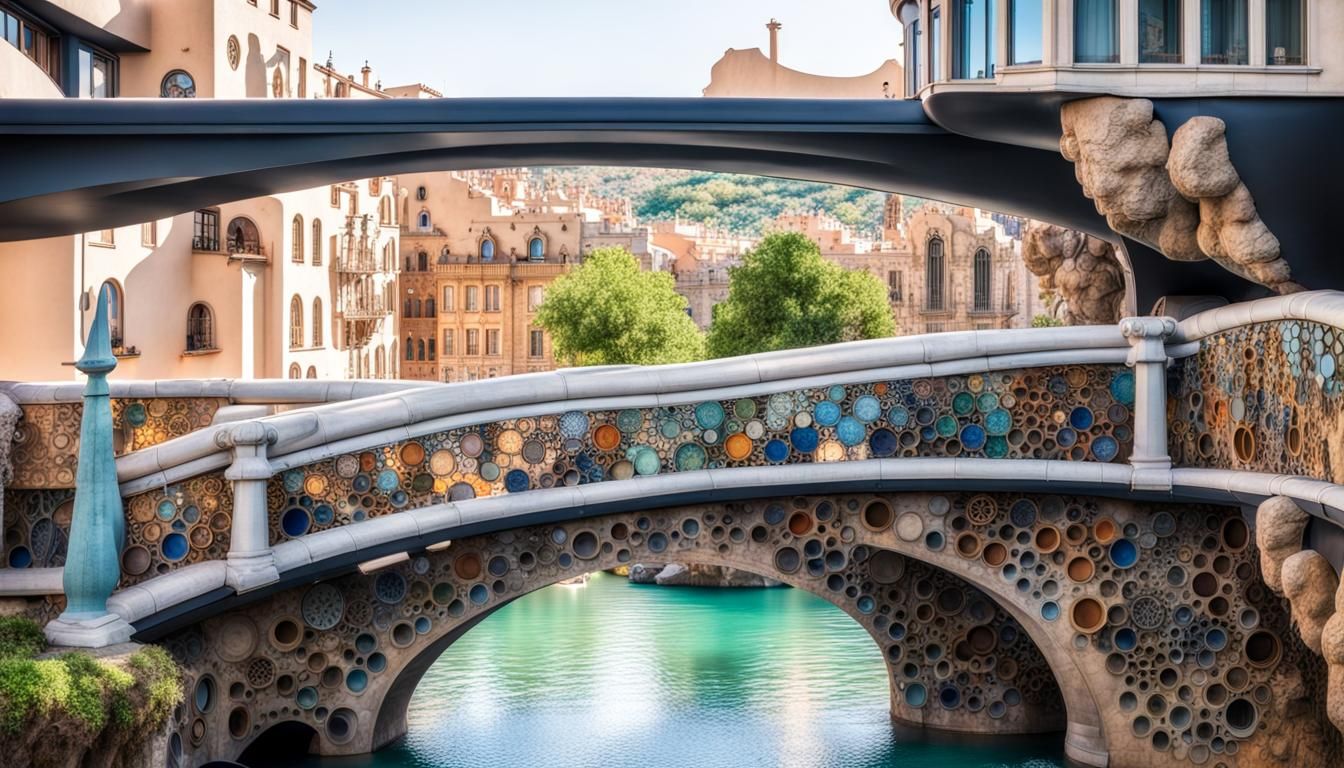 Steampunk Gaudi Bridge Over Water Cascade