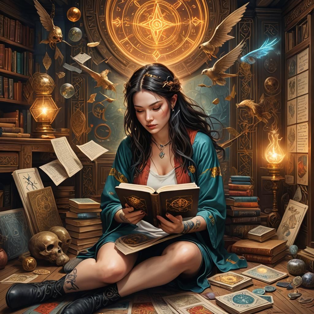 Fantasy Art of Woman Reading with Magical Runes