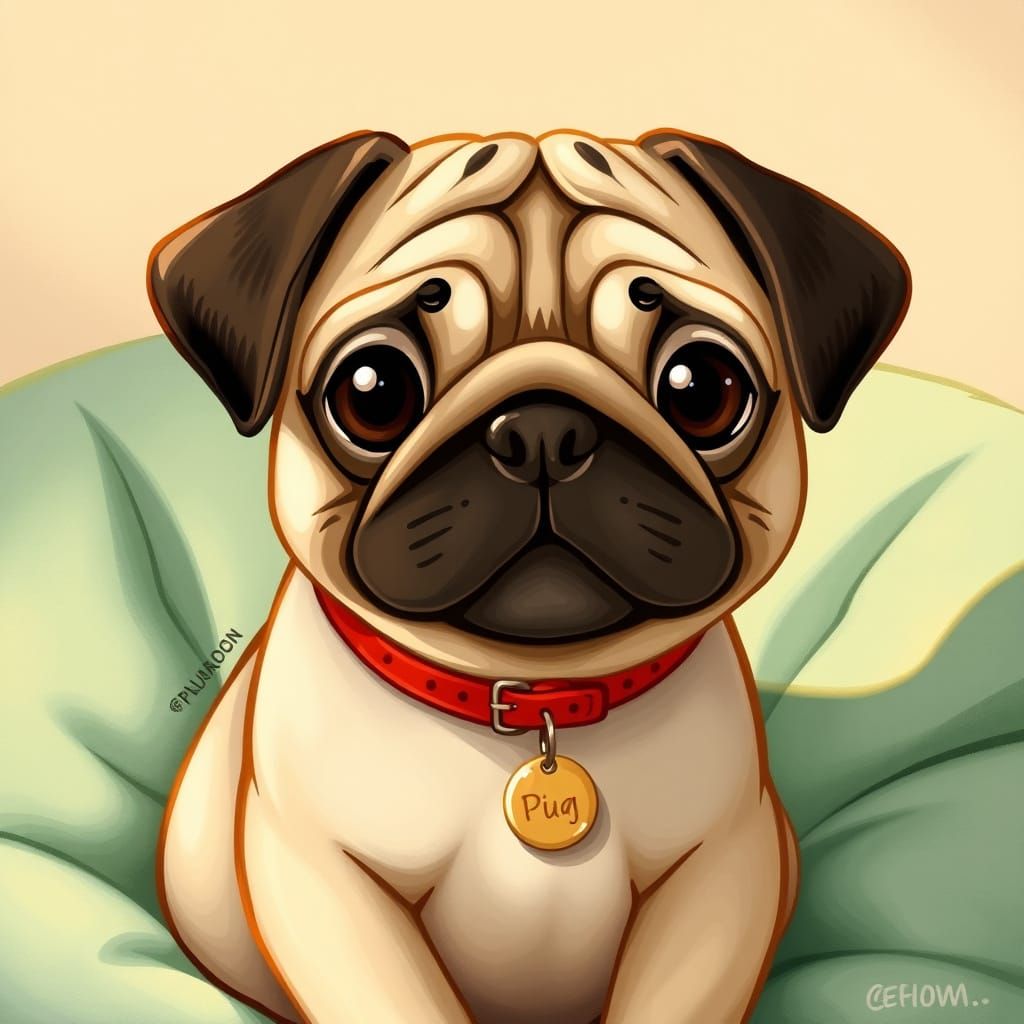 Whimsical Pug Portrait in Playful Watercolor Style