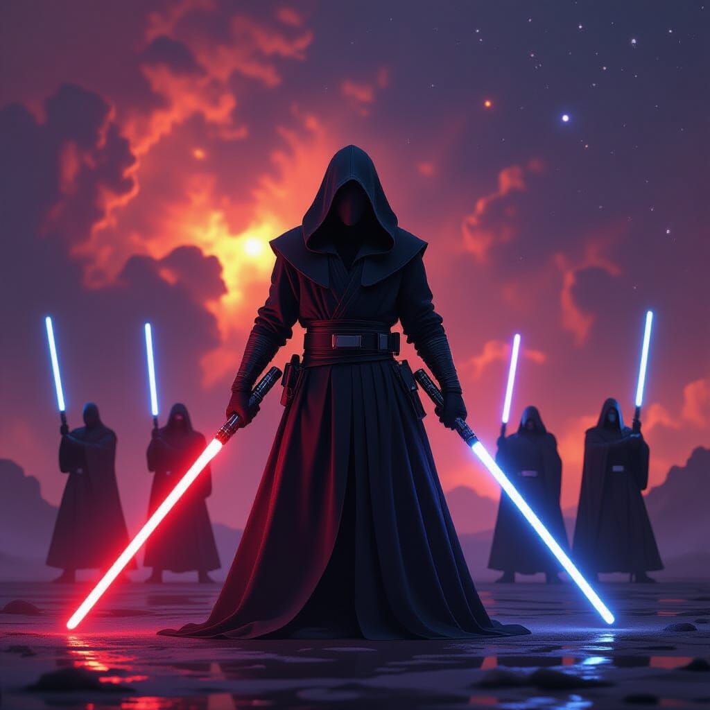 Young Sith Warrior With Two Crimson Lightsabers Battles Jedi...