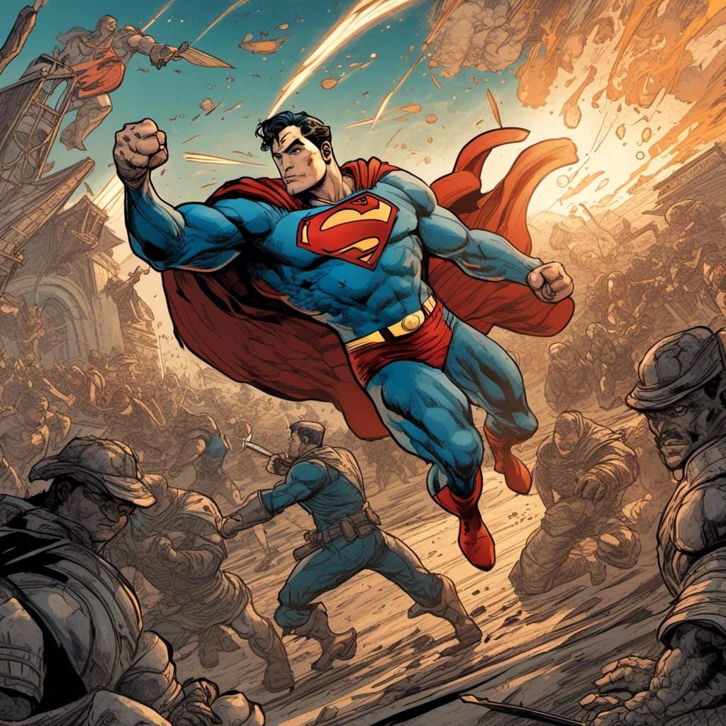 <lora:Animation:1.0> Superman fighting crime in the style of Leonardo Davinci Curt Swan and Dan Mumford, comic book art,...