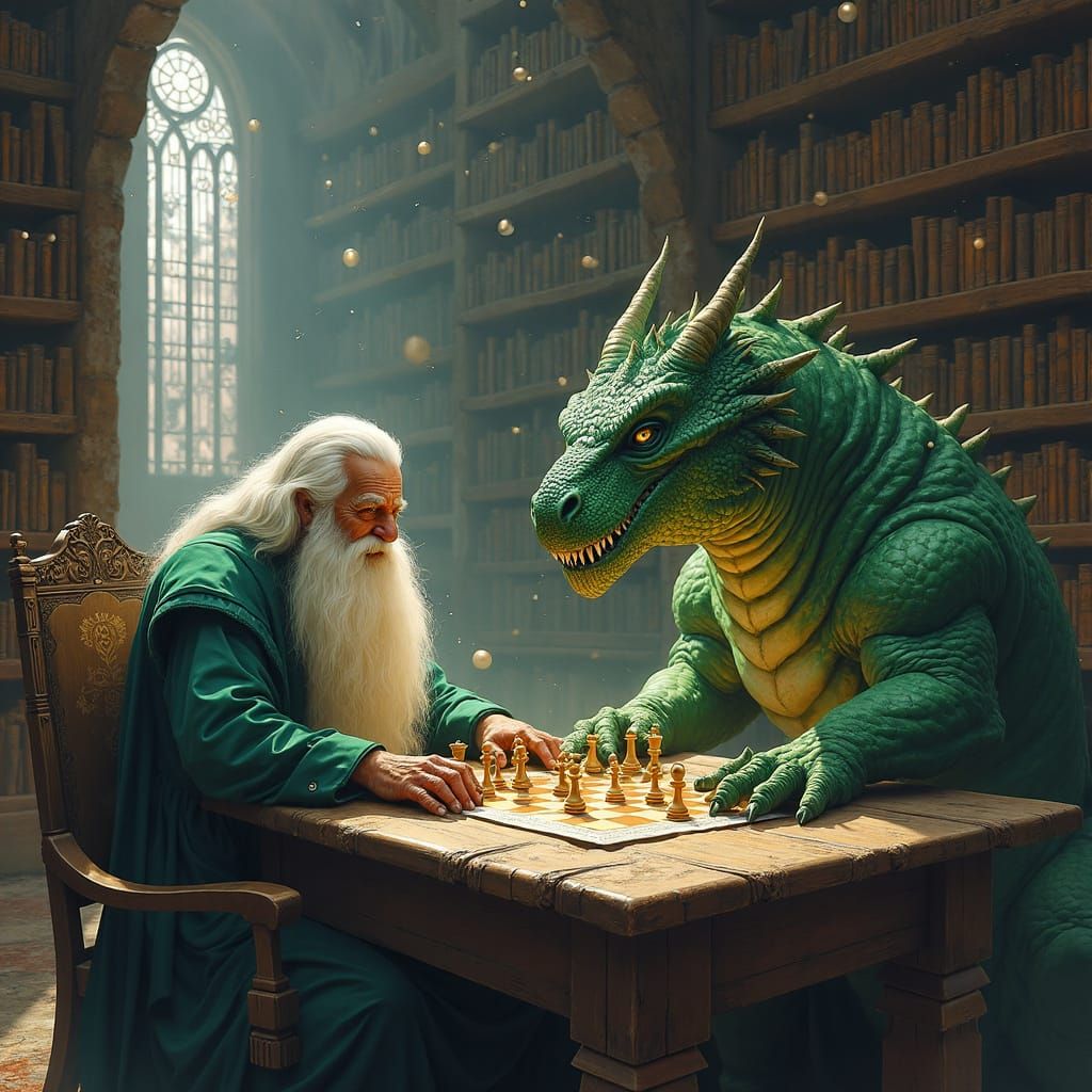 Wizard and Dragon Play Chess in Magical Library
