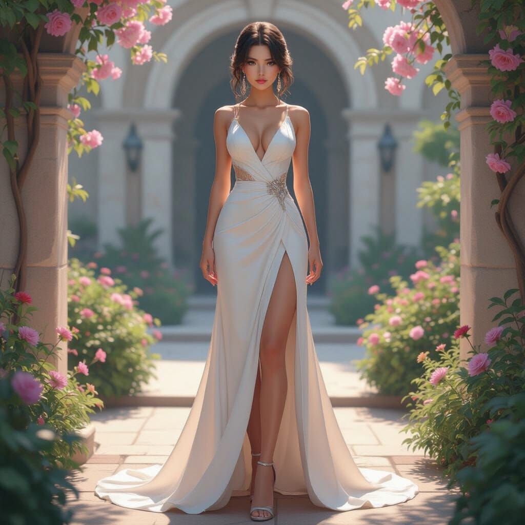 Elegant Anime Woman in Flowing Gown