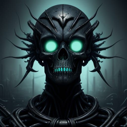 Cybernetic Horror in Dark Industrial Landscape