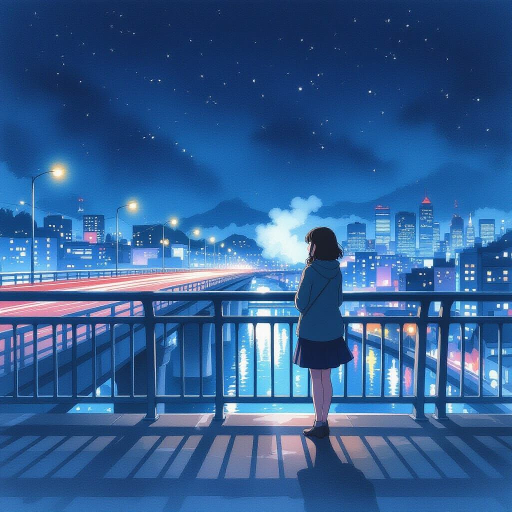 Woman on Bridge at Night, City Lights Shimmering