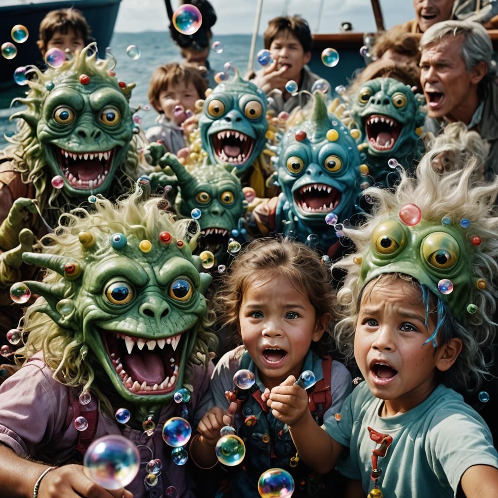 Cute Fanged Monsters Blowing Bubbles Portrait