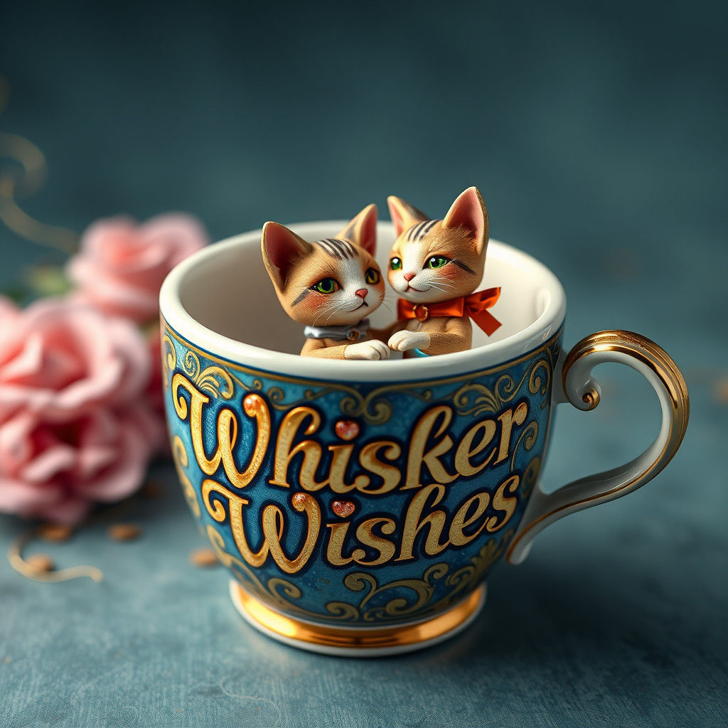 Whimsical Cat Dolls in Ornate Coffee Cup