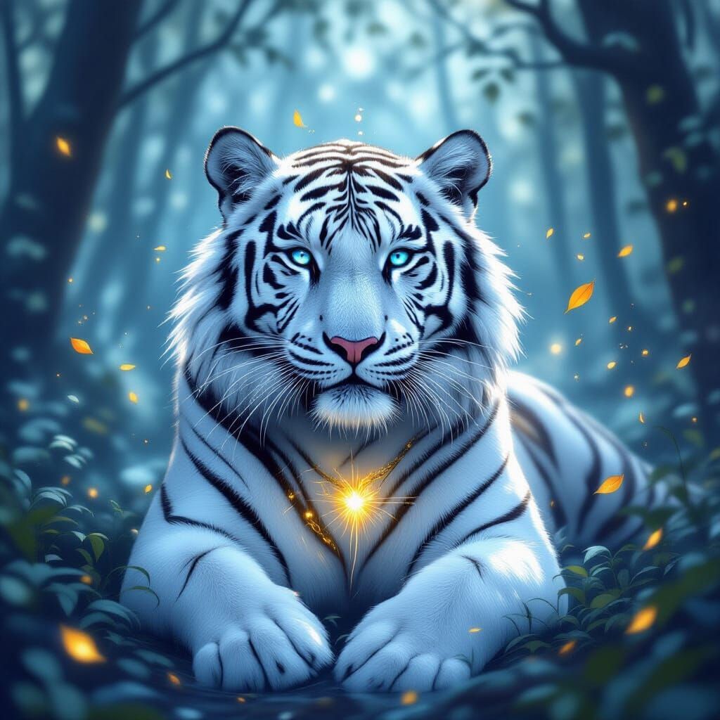 Ethereal White Tiger in Magical Forest