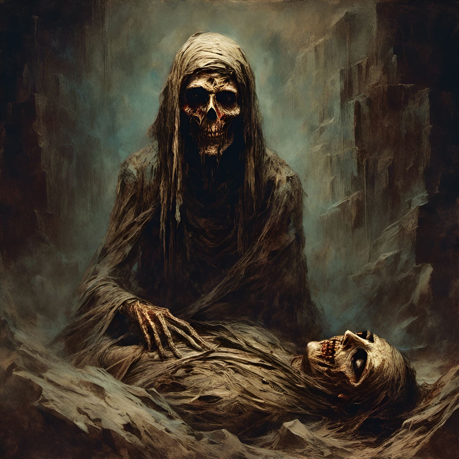 Creepy Mummy in Dark Pyramid Sarcophagus