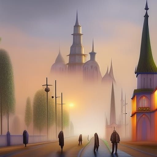 Mystical Foggy Street at Sunrise, Hyperrealistic Illustratio...