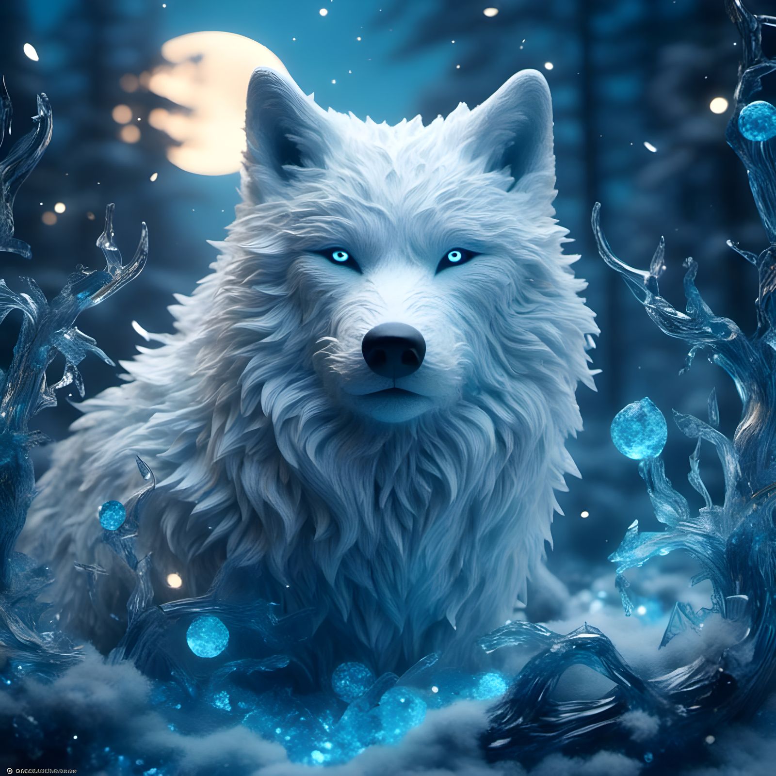 Mystical White Wolf in Twinkling Forest