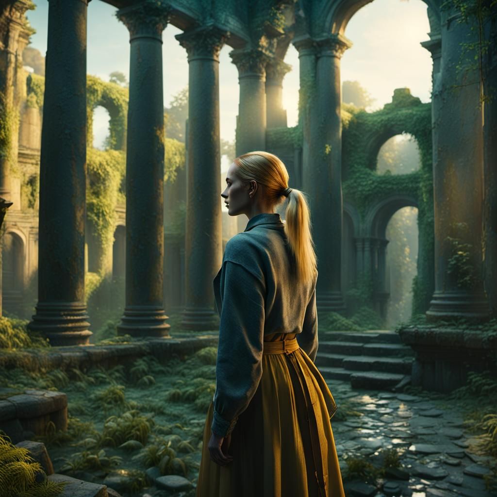 Ancient Courtyard Scene with Woman in Golden Light