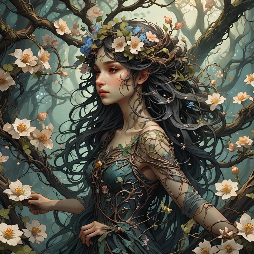 Spring Fae in Dark Fantasy Art Nouveau Style