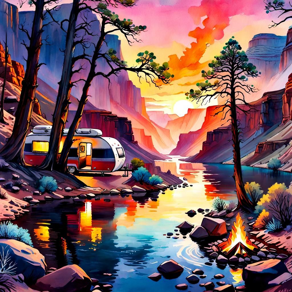 Grand Canyon Christmas: Watercolor Camper at Dusk