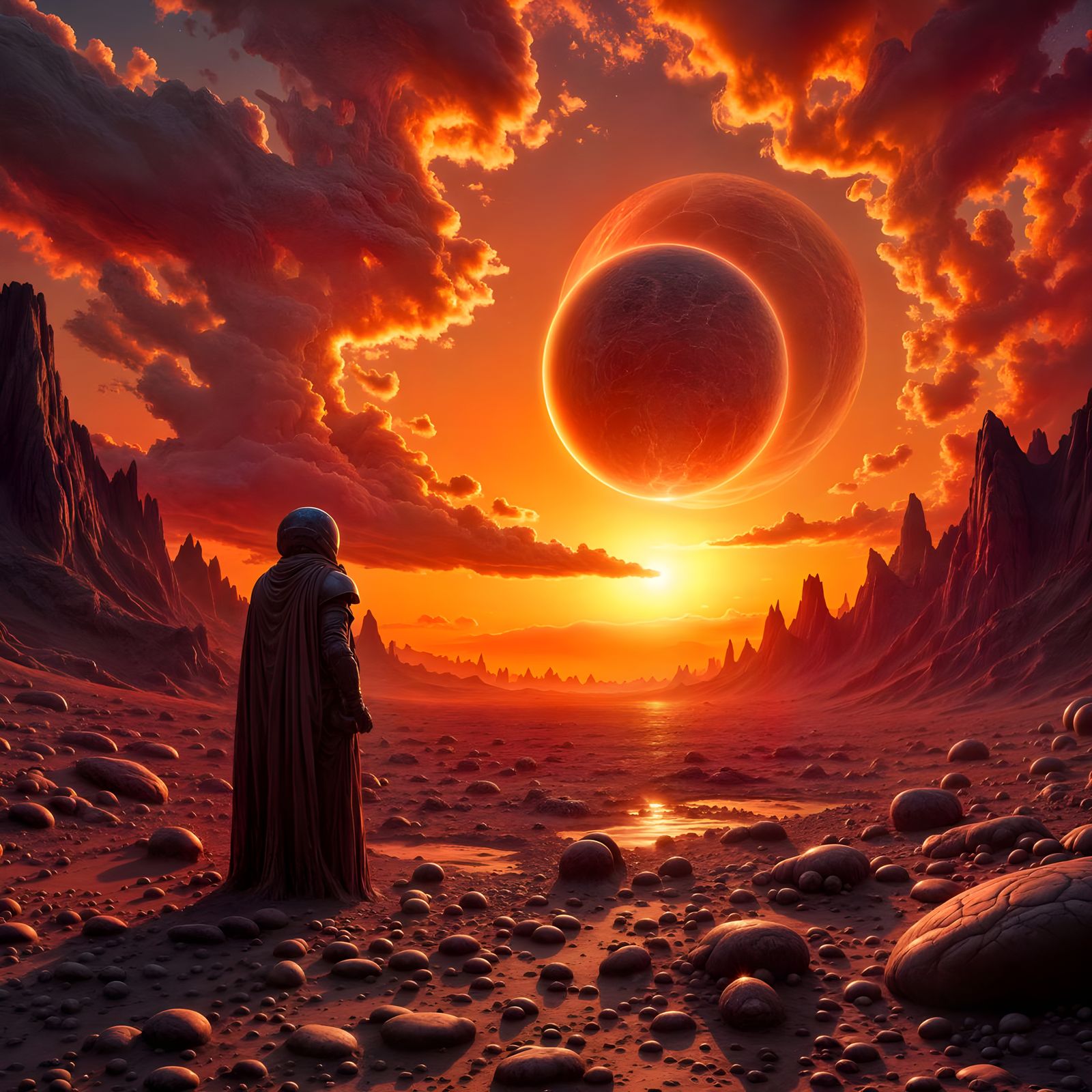 Lone Figure on Alien Planet Watches Binary Sunset