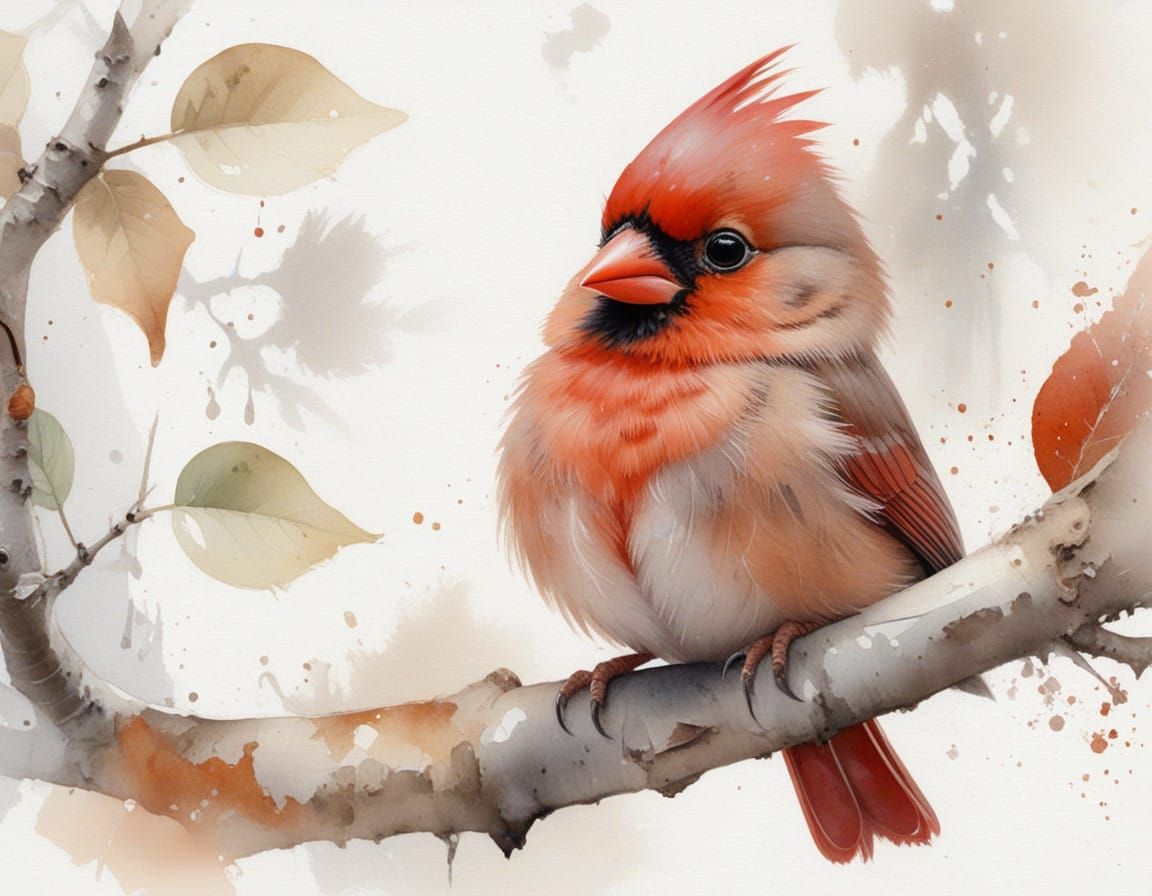 Whimsical Watercolor Cardinal Perched in Splendid Delicate D...
