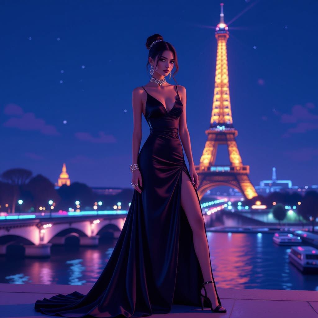 Neon Paris: Skeletal Woman in Cyberpunk Style