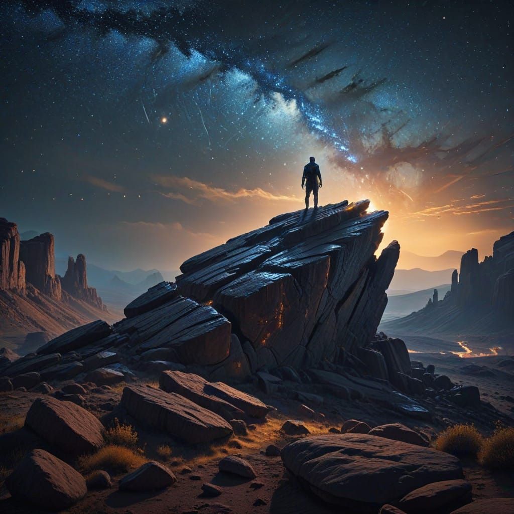 A Lone Figure Transported Through a Starry Sci-Fi Haze