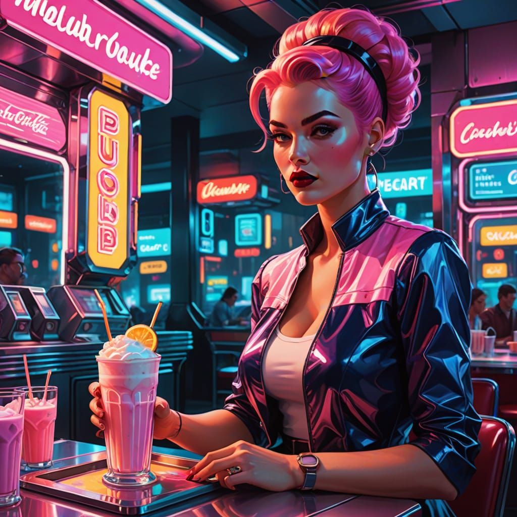Retro-Futuristic Diner Waitress in Pop Art Style