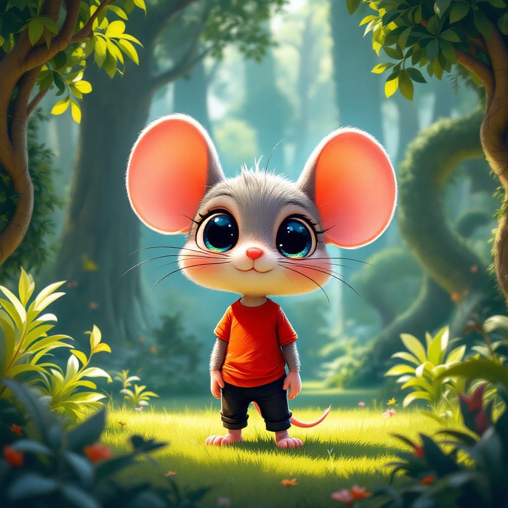 Chibi Mouse in Lush Yard, Airbrush Art Style