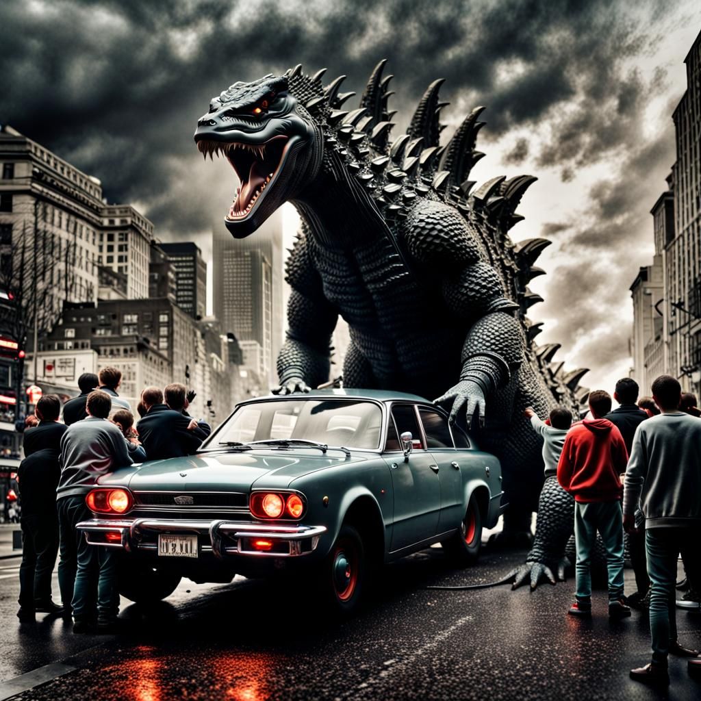 Hyperrealistic Godzilla Eats Car in Cinematic Detail
