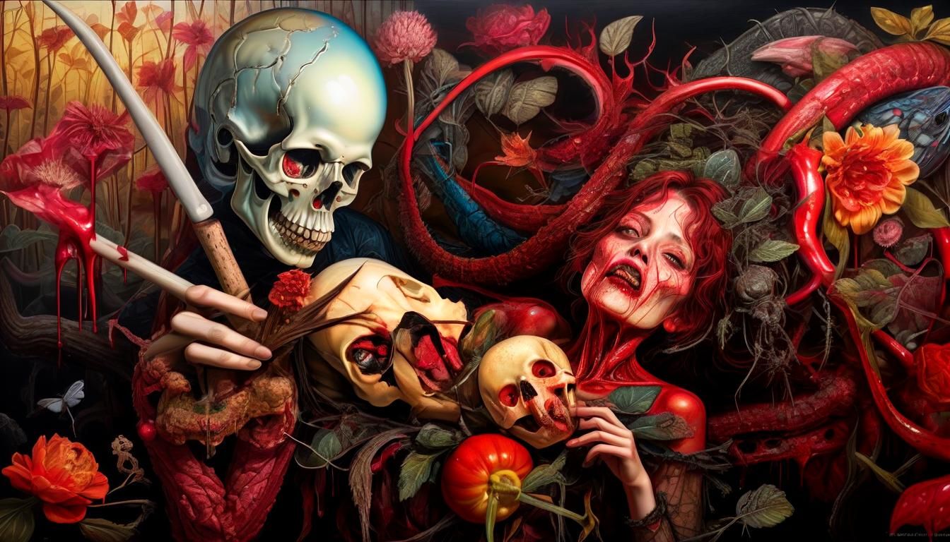 Surreal Horror Scene in Mixed Media Style