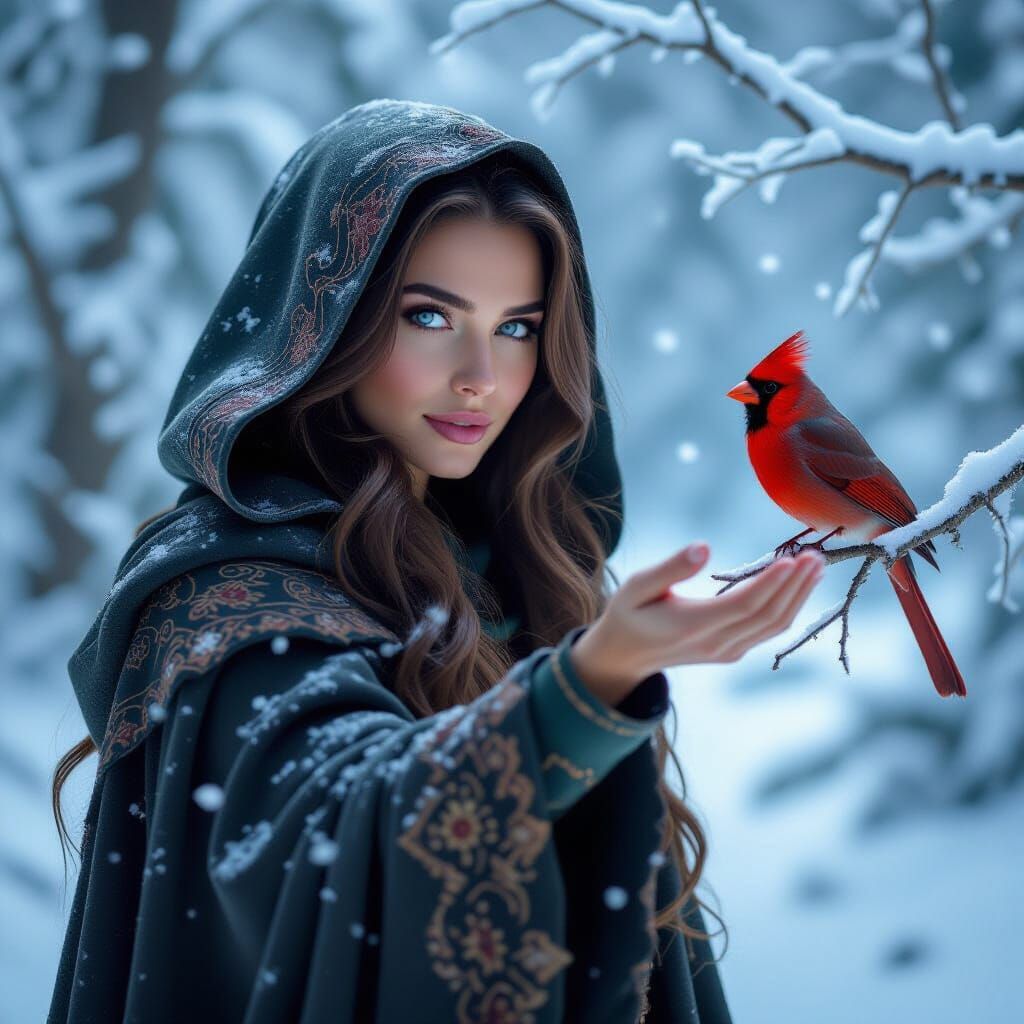 Woman with Cardinal in Snowy Forest, Cinematic Lighting