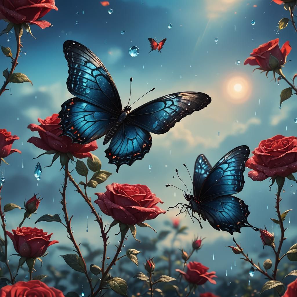 Butterfly on Dewy Rose: Dark Fantasy Art Nouveau