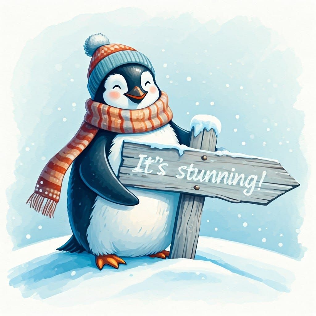 Penguin Admires Winter Wonderland Sign in Whimsical Watercol...