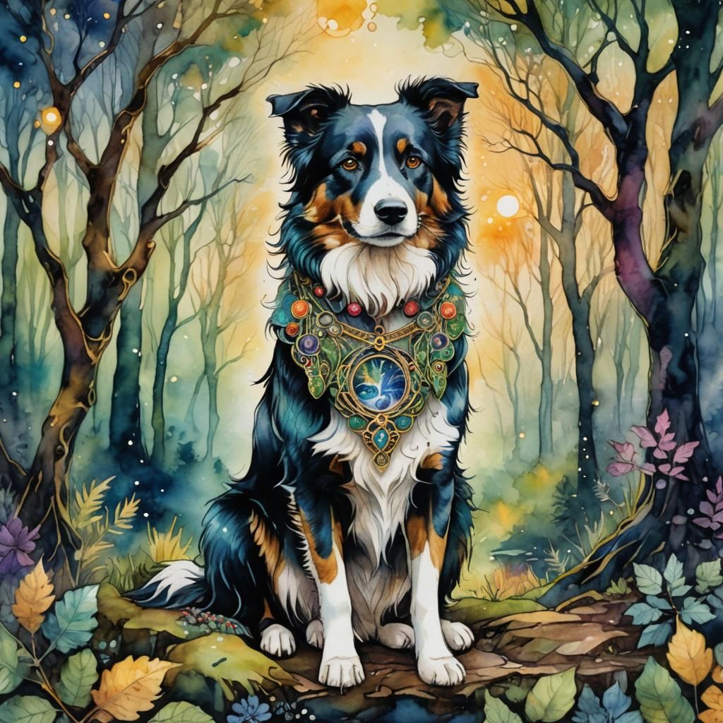 Border Collie in Magical Forest, Watercolor Art