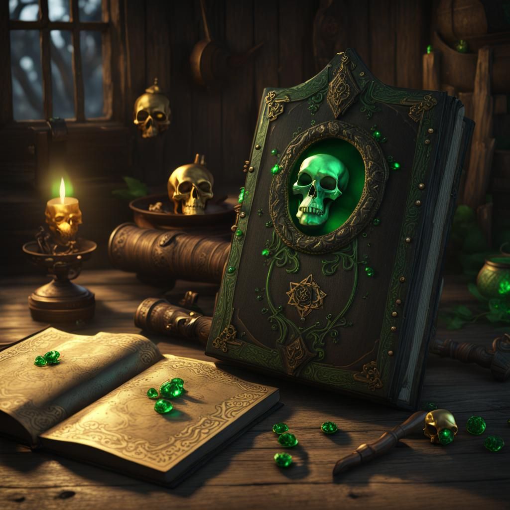 Witch's Grimoire with Skull and Emeralds