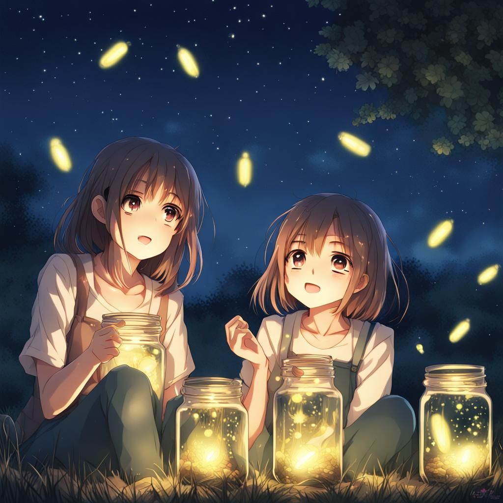 Anime-Style Night Scene: Girls Catching Fireflies