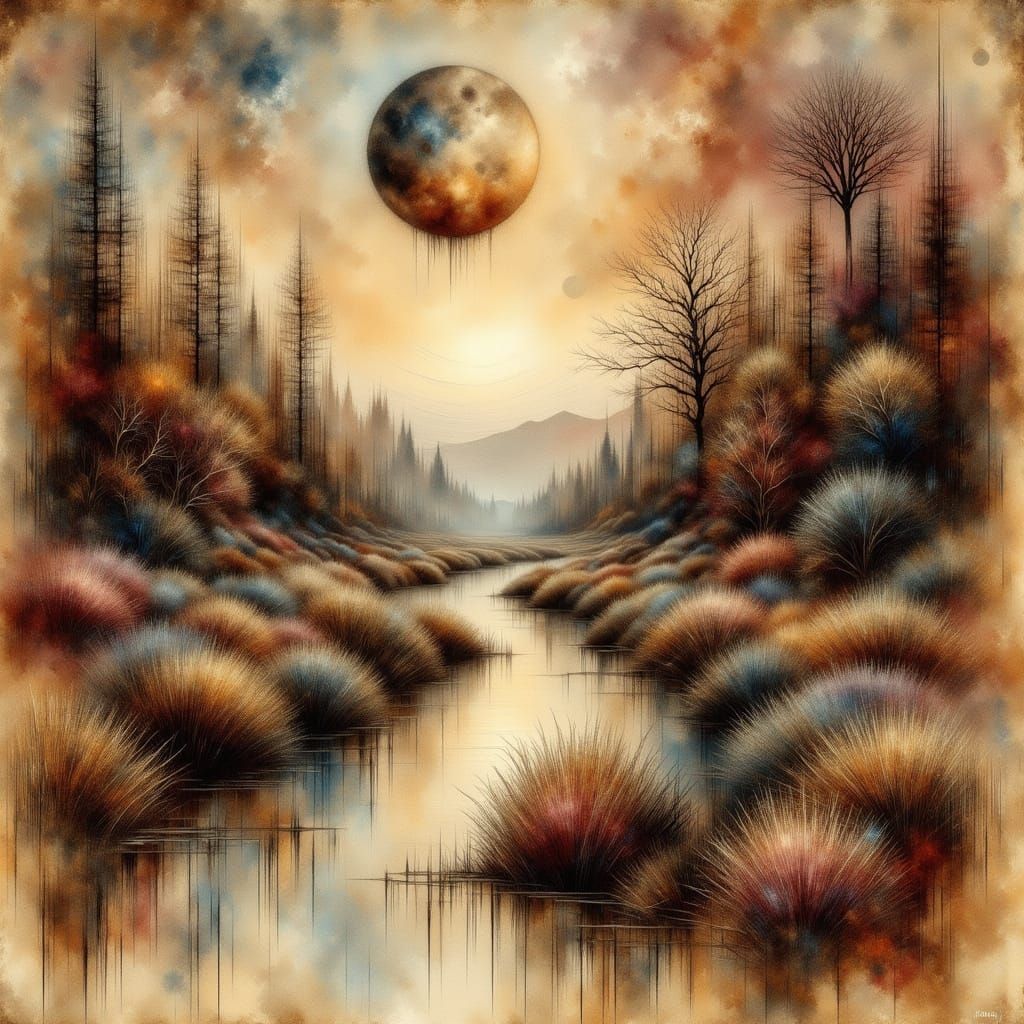 Mysterious Landscape in Antique Watercolor Style