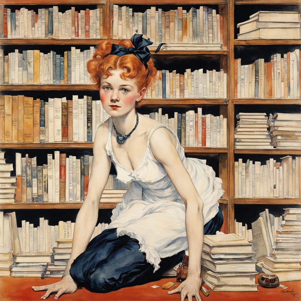 Punk Heroine in Renoir Library, Watercolor Style